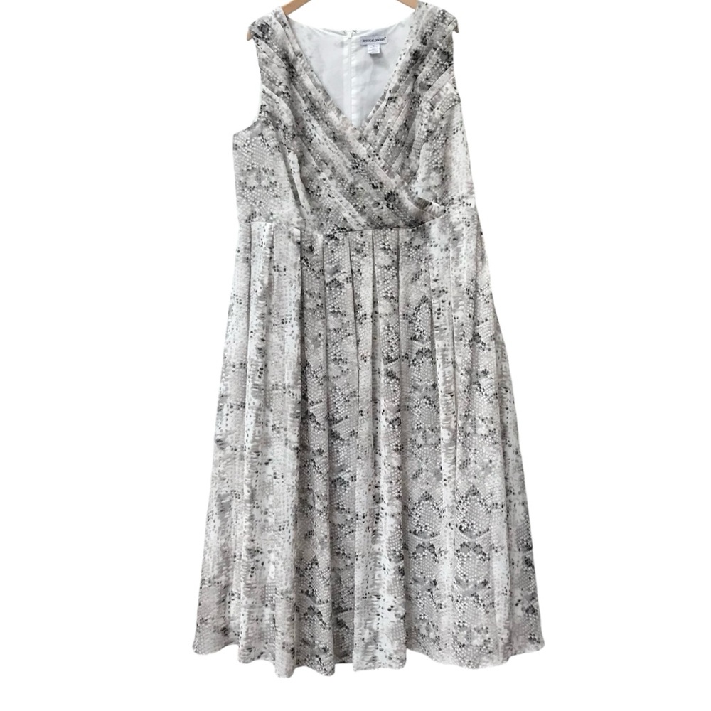Jessica London White Print Dress Sleeveless Wrap bodice A-line full skirt 16